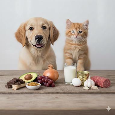🚫 غذاهای ممنوعه برای گربه و سگ + علت ممنوعیت هرکدام (راهنمای کامل برای صاحبین حیوانات)